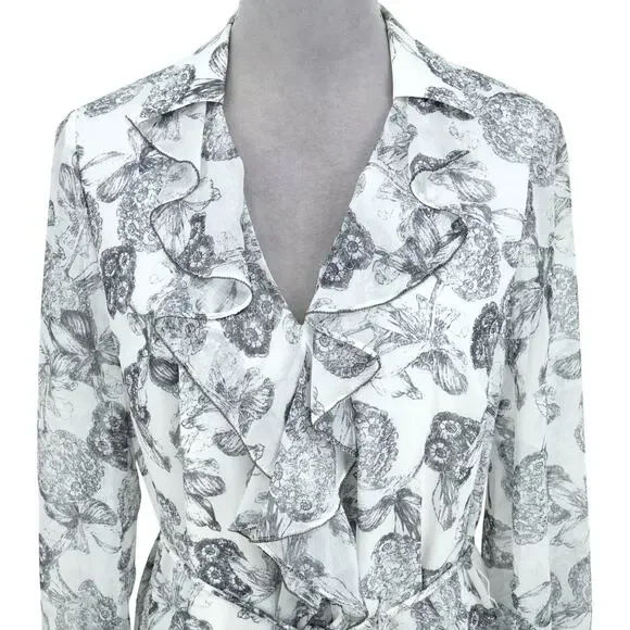 Ted Baker 2 Dress Womens 6 White Black Floral Ruffles Chiffon Tie Waist Lined - Picture 16 of 16